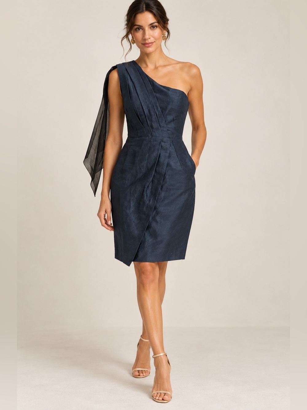 BHLDN Va Et Vien Navy One Shoulder Linen Silk Dress Size 8